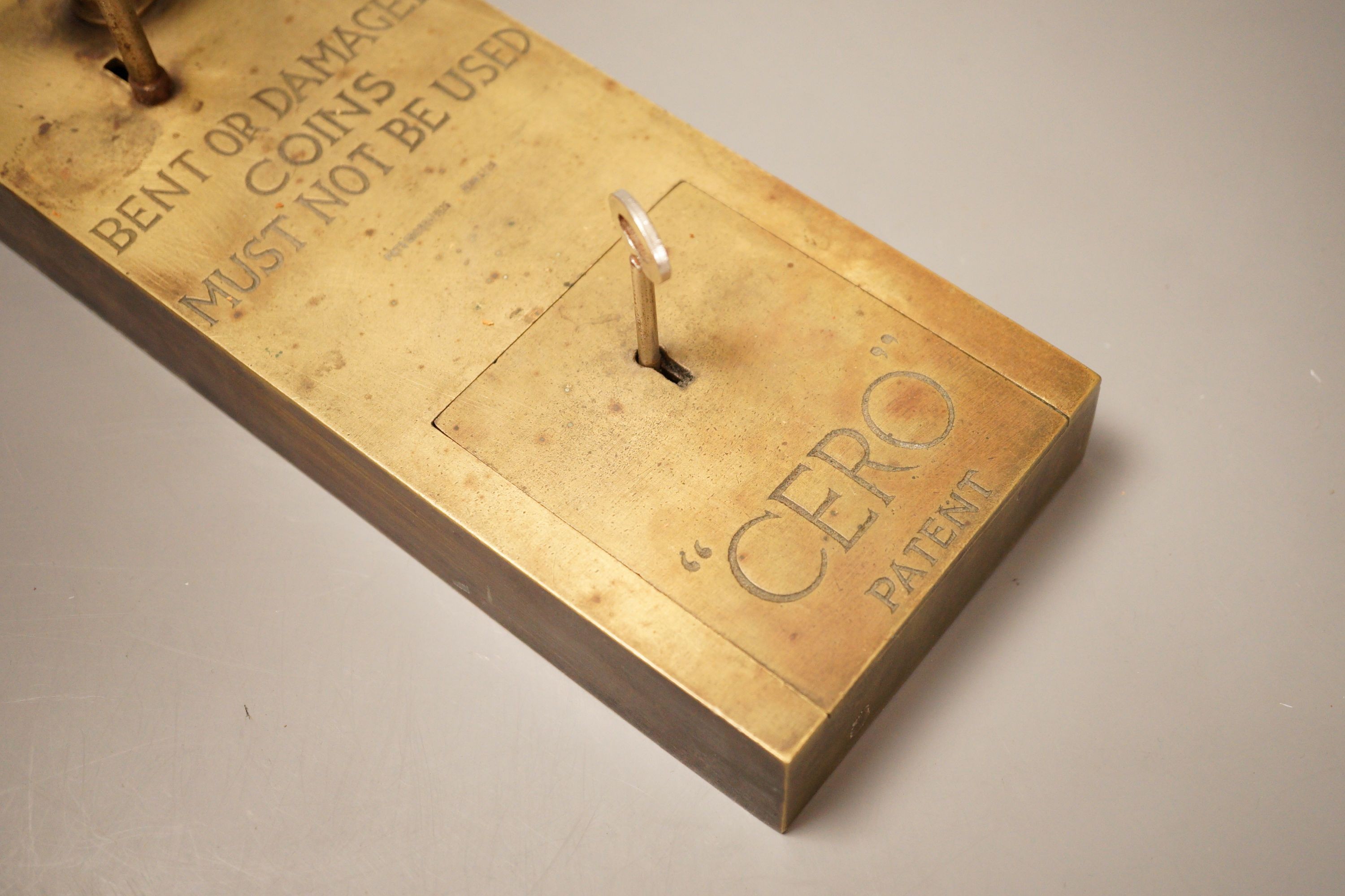 A Cero Patent public lavatory brass door lock from The Anchor Tearooms, Forest Row, penny operated